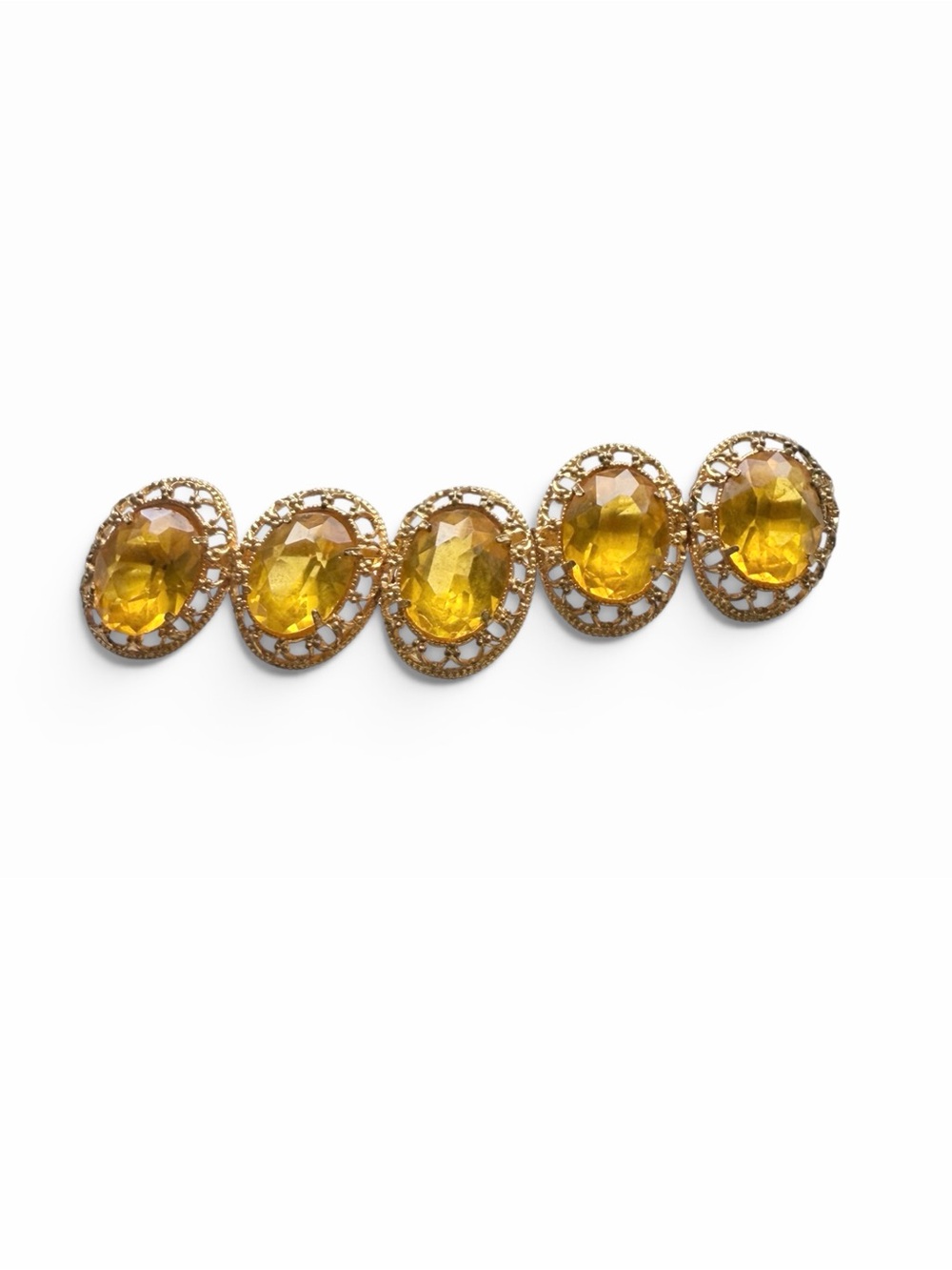 Vintage Gold Tone Filigree Amber Rhinestone Bar Brooch 2.25”